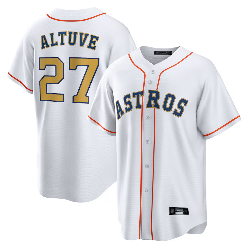 Pouc H.Astros #27 Jose Altuve Player White Gold Collection Game Home Stitched Jerseys