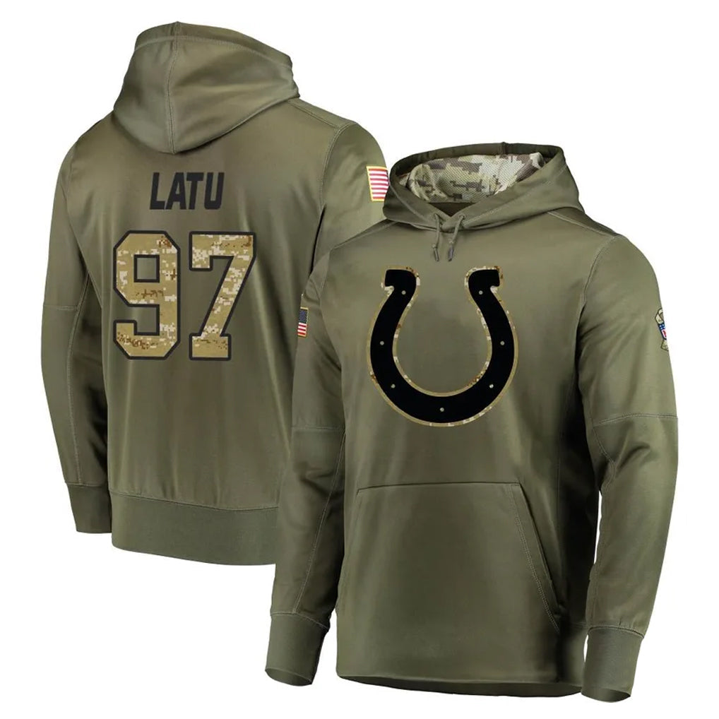 Pouc IN.Colts #97 Laiatu Latu Player Olive Salute to Service Pullover Hoodies Home Game Stitched Jerseys