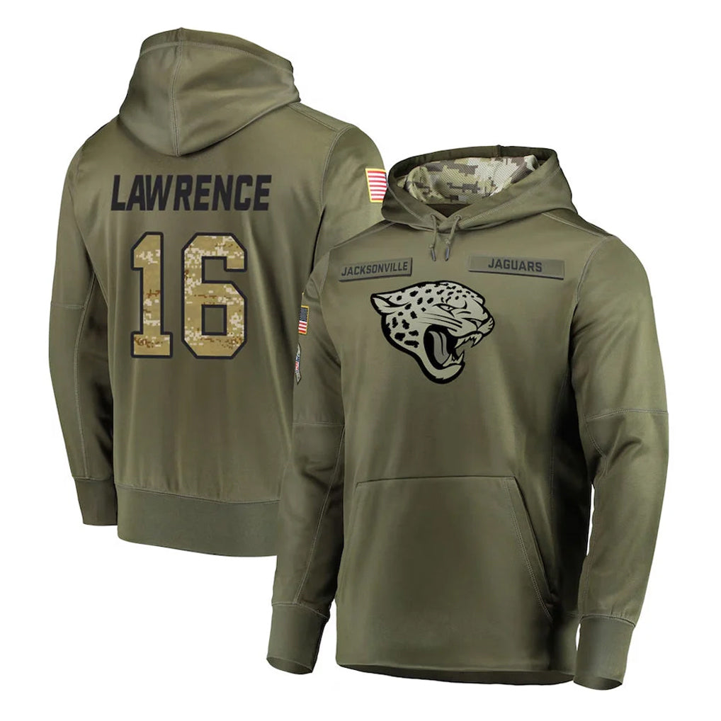 Pouc J.Jaguars #16 Trevor Lawrence Player Olive Salute to Service Pullover Hoodies Home Game Stitched Jerseys