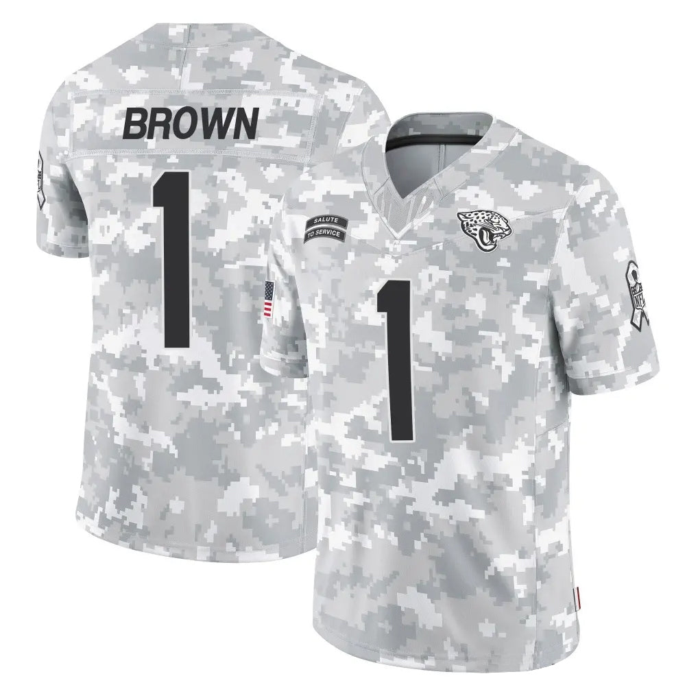Pouc J.Jaguars #1 Montaric Brown Player Arctic Camo Salute To Service Limited Game Stitched Jerseys