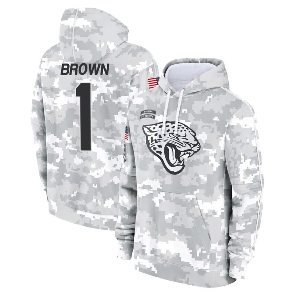 Pouc J.Jaguars #1 Montaric Brown Player Arctic Camo Salute to Service Hoodies Limited Game Stitched Jerseys