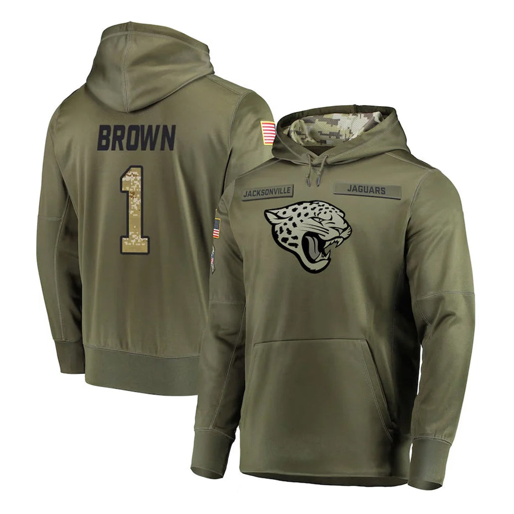 Pouc J.Jaguars #1 Montaric Brown Player Olive Salute to Service Pullover Hoodies Home Game Stitched Jerseys