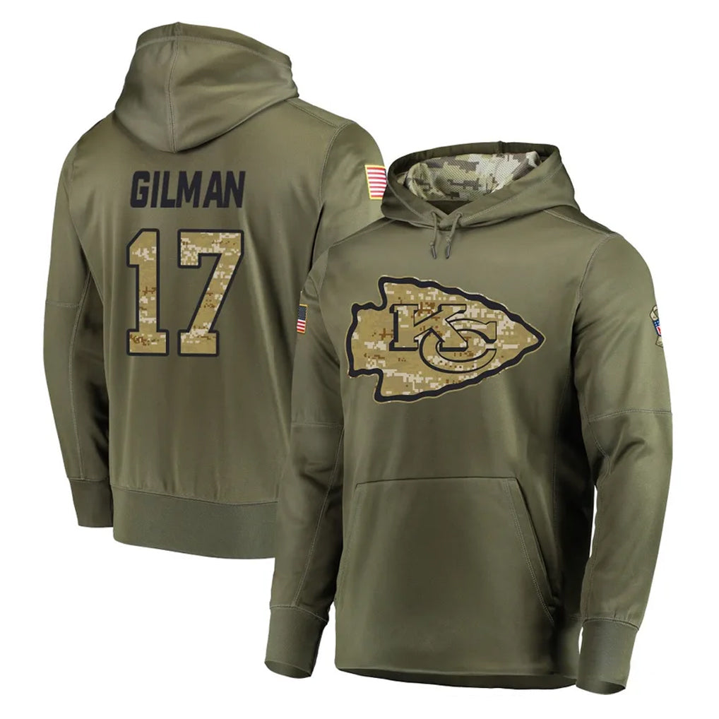 Pouc KC.Chiefs #17 Alohi Gilman Player Olive Salute to Service Pullover Hoodies Home Game Stitched Jerseys