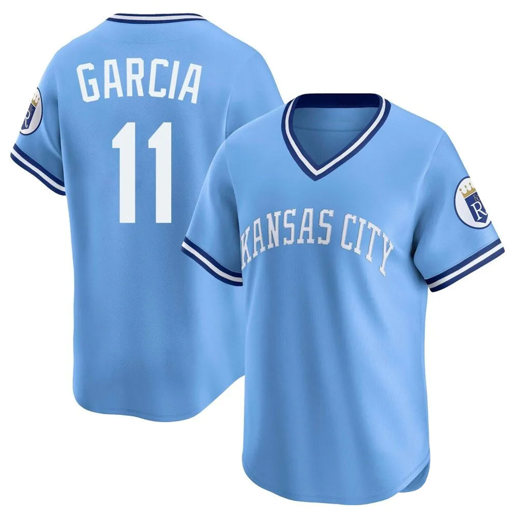 Pouc KC.Royals #11 Maikel Garcia Player Light Blue Limited Throwback Cooperstown Collection T-shirt Stitched Jerseys