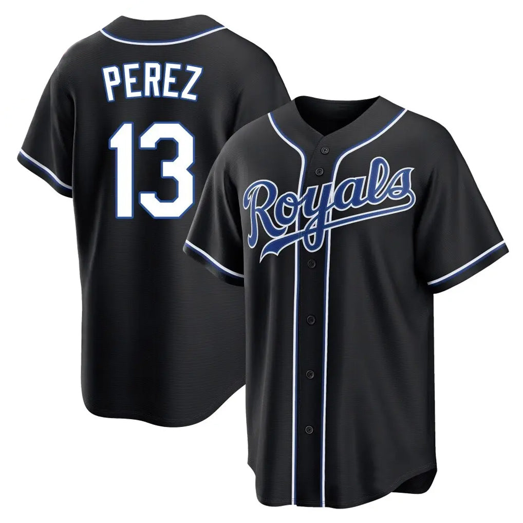 Pouc KC.Royals #13 Salvador Perez Player Black Carbon Fashion Home Game Stitched Jerseys