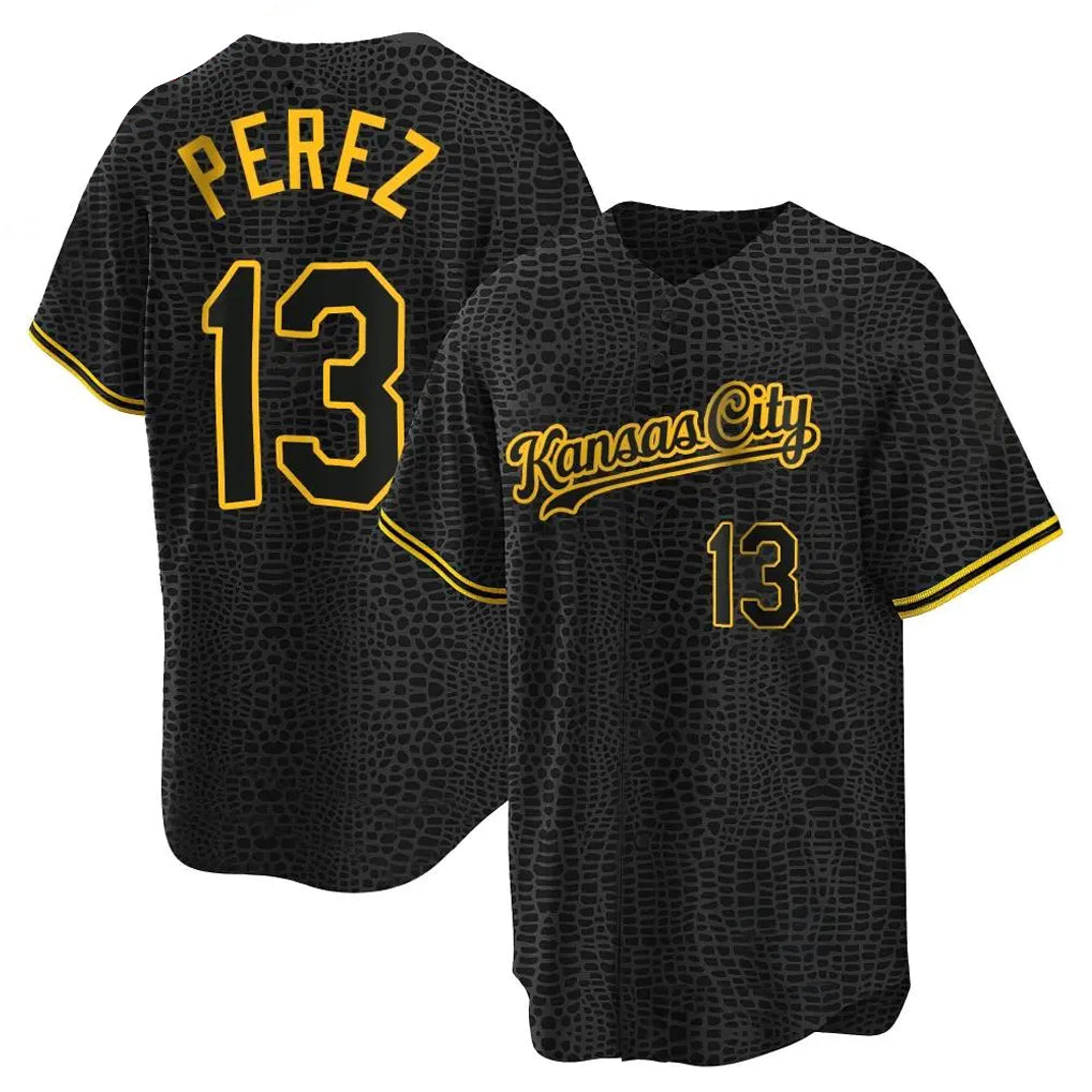 Pouc KC.Royals #13 Salvador Perez Player Black Snake Skin City Game Stitched Jerseys