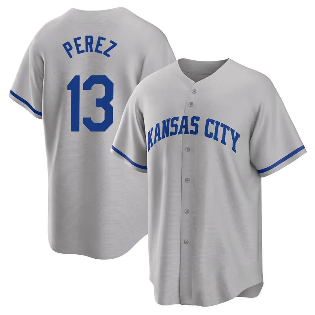Pouc KC.Royals #13 Salvador Perez Player Gray Game Home Stitched Jerseys