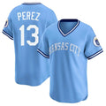Pouc KC.Royals #13 Salvador Perez Player Light Blue Limited Throwback Cooperstown Collection T-shirt Stitched Jerseys