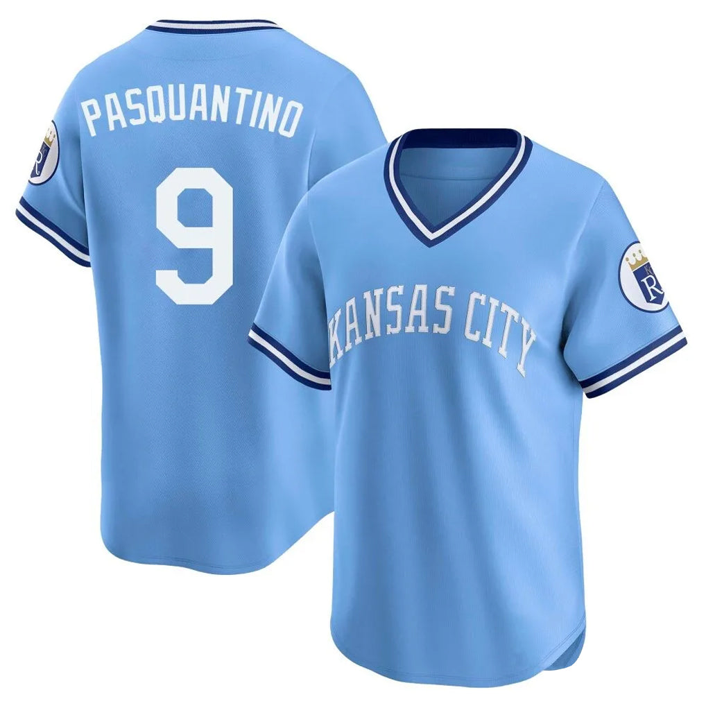 Pouc KC.Royals #9 Vinnie Pasquantino Player Light Blue Limited Throwback Cooperstown Collection T-shirt Stitched Jerseys