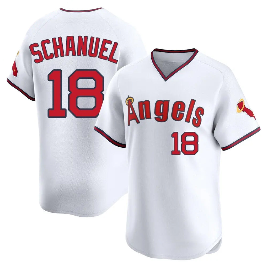 Pouc LA.Angels #18 Nolan Schanuel Player White T-shirt Home Limited Stitched Jerseys