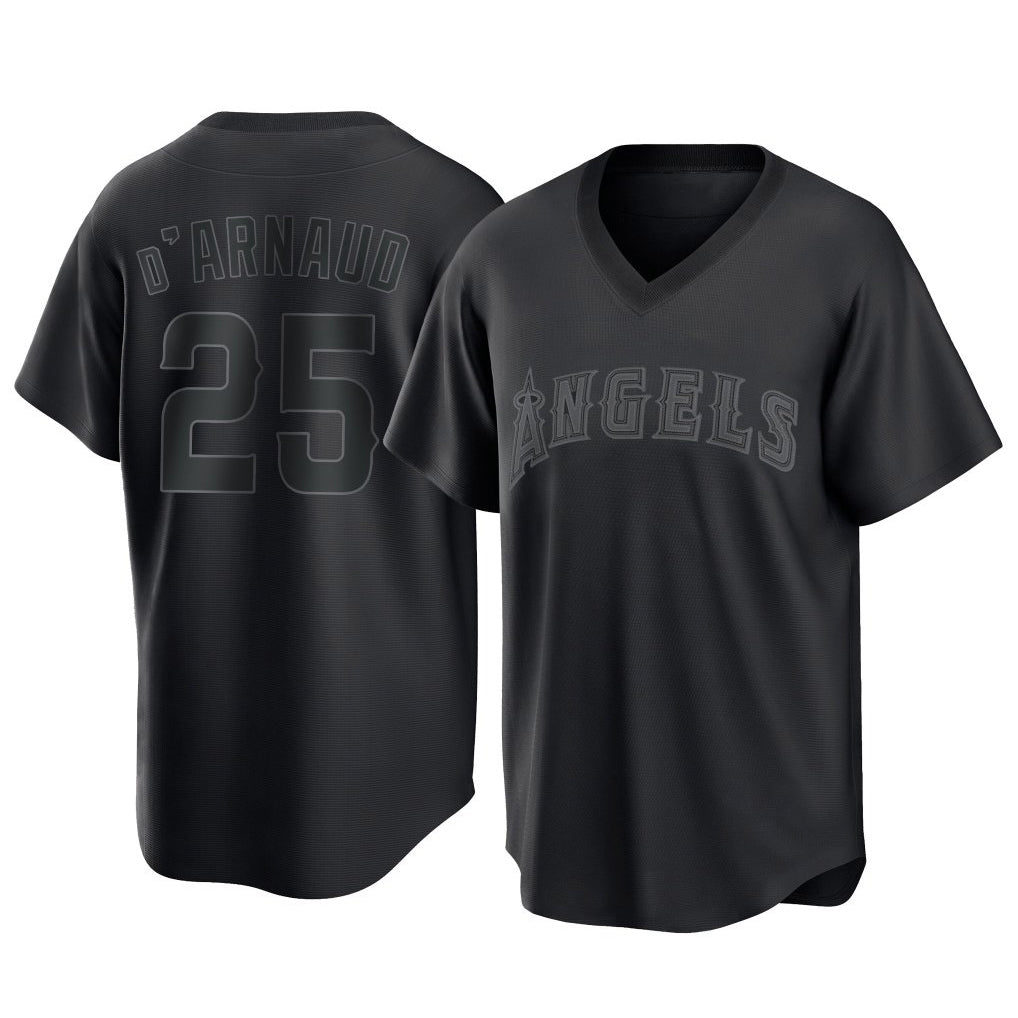 Pouc LA.Angels #25 Travis d'Arnaud Player Black Pitch Fashion T-shirt Stitched Jerseys