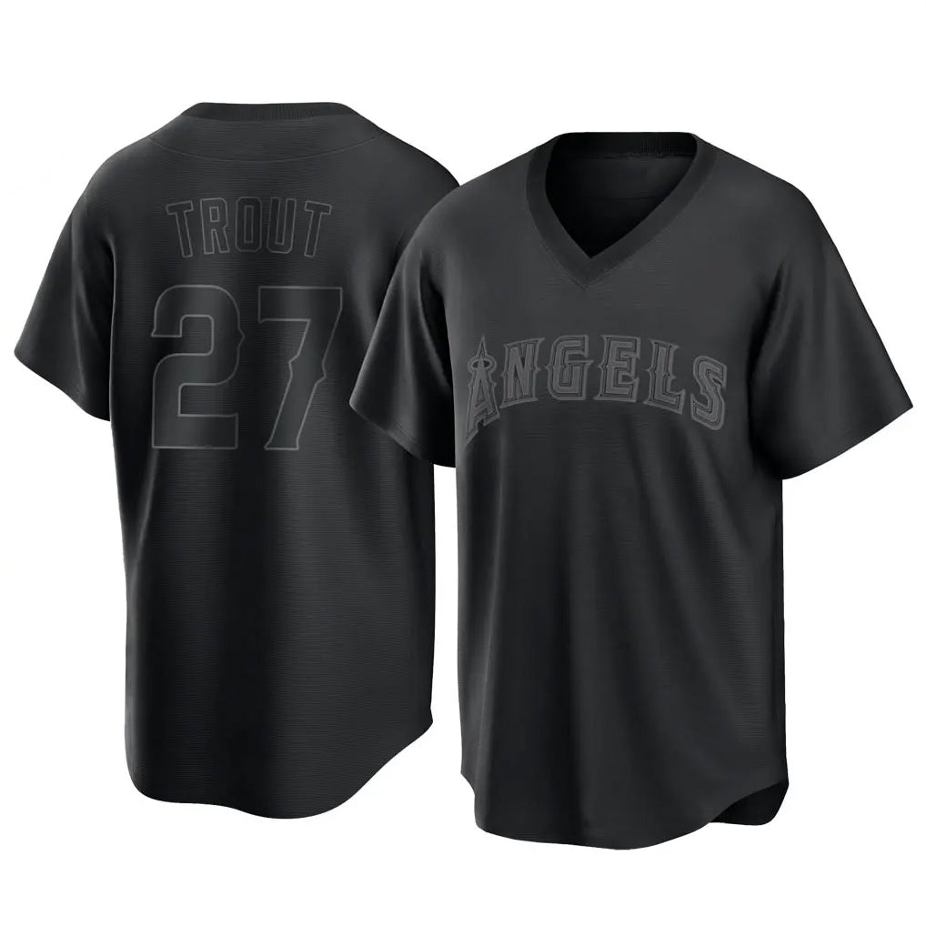 Pouc LA.Angels #27 Mike Trout Player Black Pitch Fashion T-shirt Stitched Jerseys