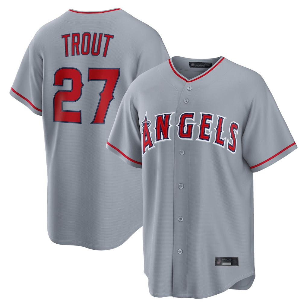Pouc LA.Angels #27 Mike Trout Player Gray Home Game Stitched Jerseys
