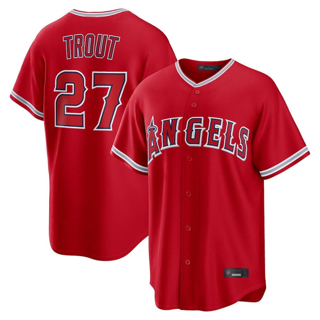 Pouc LA.Angels #27 Mike Trout Player Red Home Game Stitched Jerseys