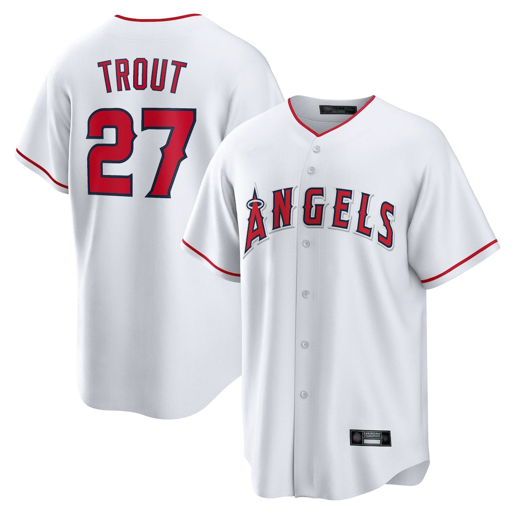 Pouc LA.Angels #27 Mike Trout Player White Home Game Stitched Jerseys