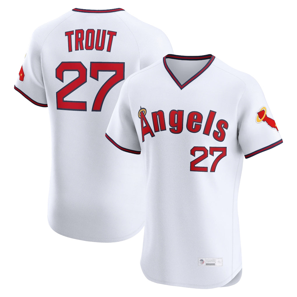 Pouc LA.Angels #27 Mike Trout Player White T-shirt Home Limited Elite Stitched Jerseys