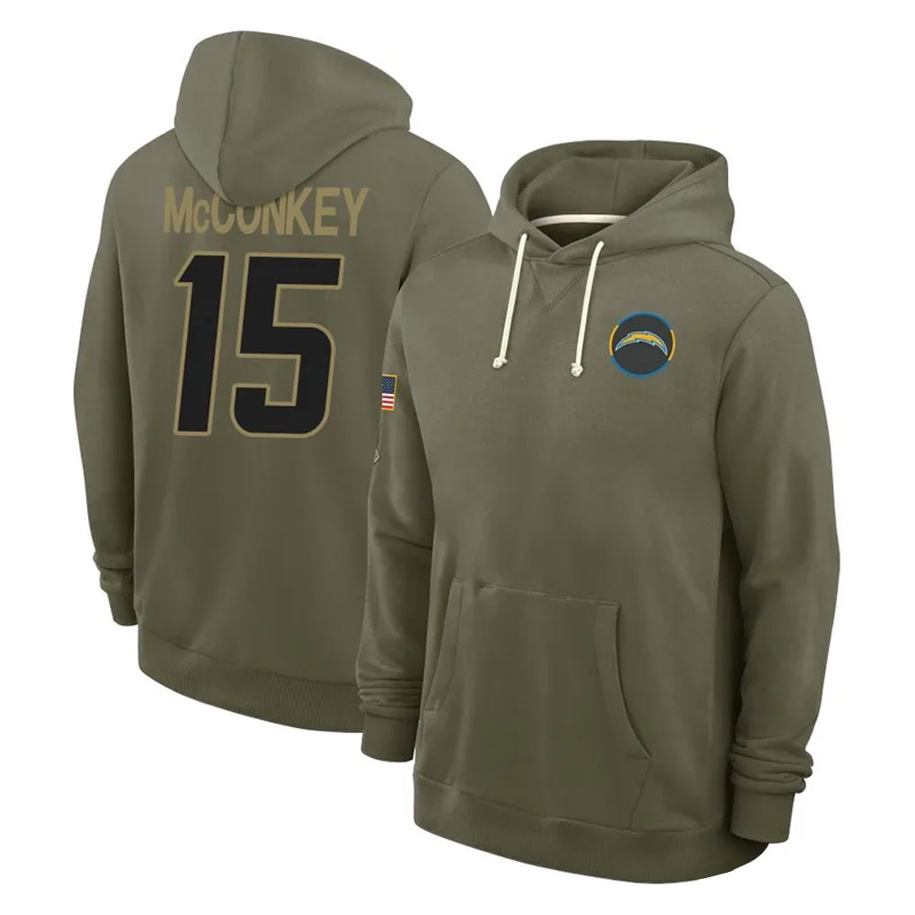 Pouc LA.Chargers #15 Ladd McConkey Player Olive Salute to Service Pullover Hoodies Limited Stitched Jerseys