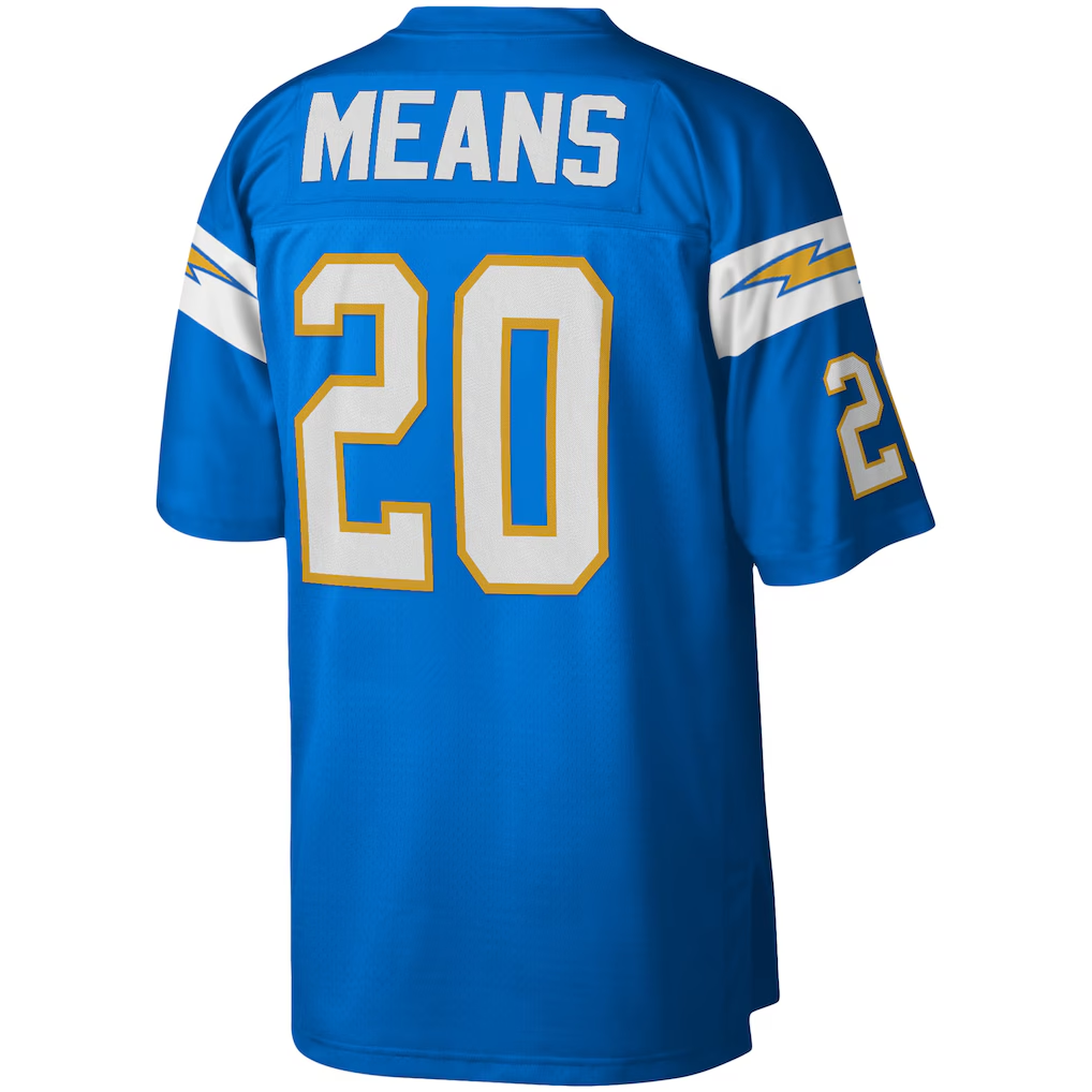 Pouc LA.Chargers #20 Natrone Means Mitchell & Ness Powder Blue Legacy Replica Stitched Puhic Jersey