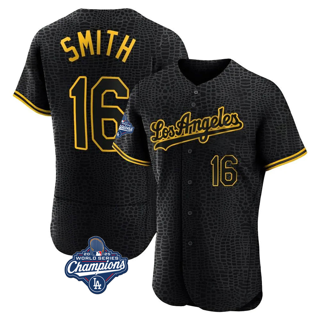 Pouc LA.Dodgers #16 Will Smith Player Black World Series Meet Snake Skin City Limited Elite Home Stitched Jerseys