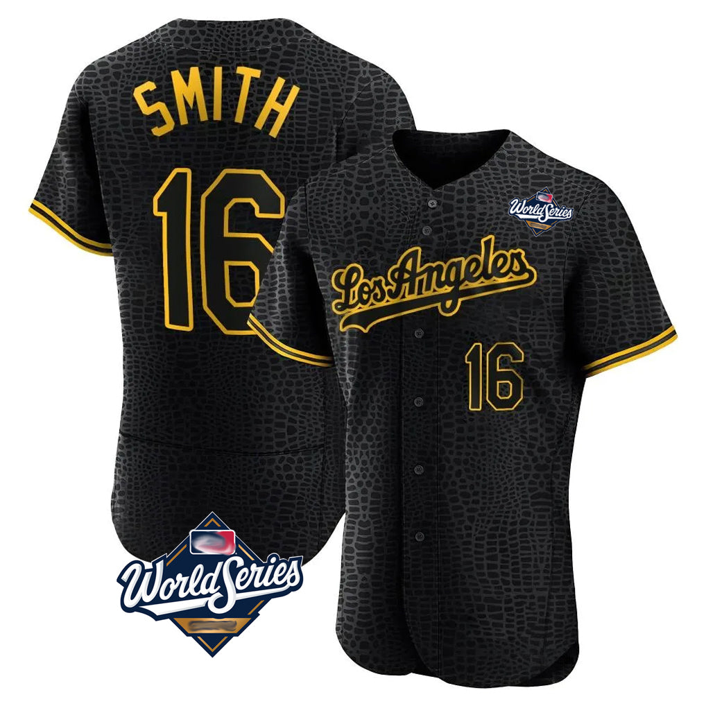Pouc LA.Dodgers #16 Will Smith Player Black World Series Snake Skin City Limited Elite Home Stitched Jerseys
