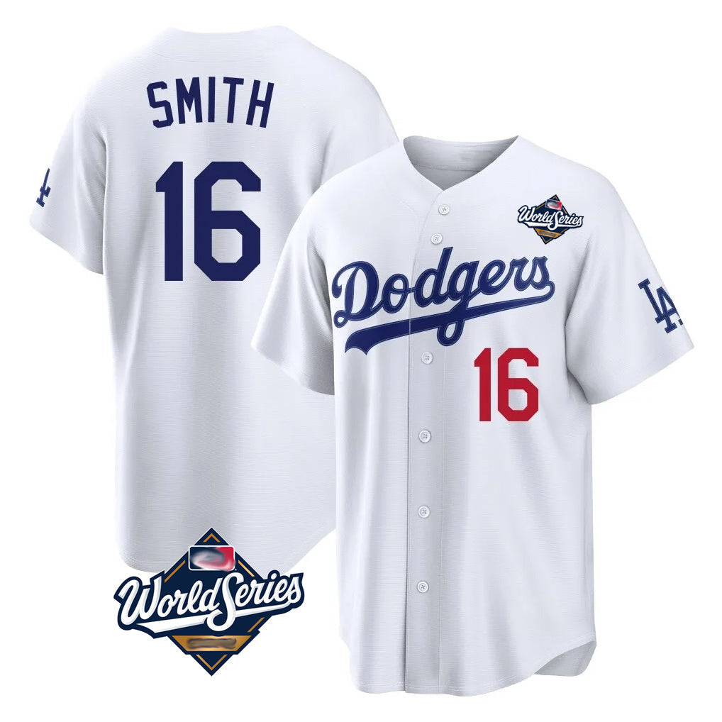 Pouc LA.Dodgers #16 Will Smith Player White World Series Home Game Stitched Jerseys