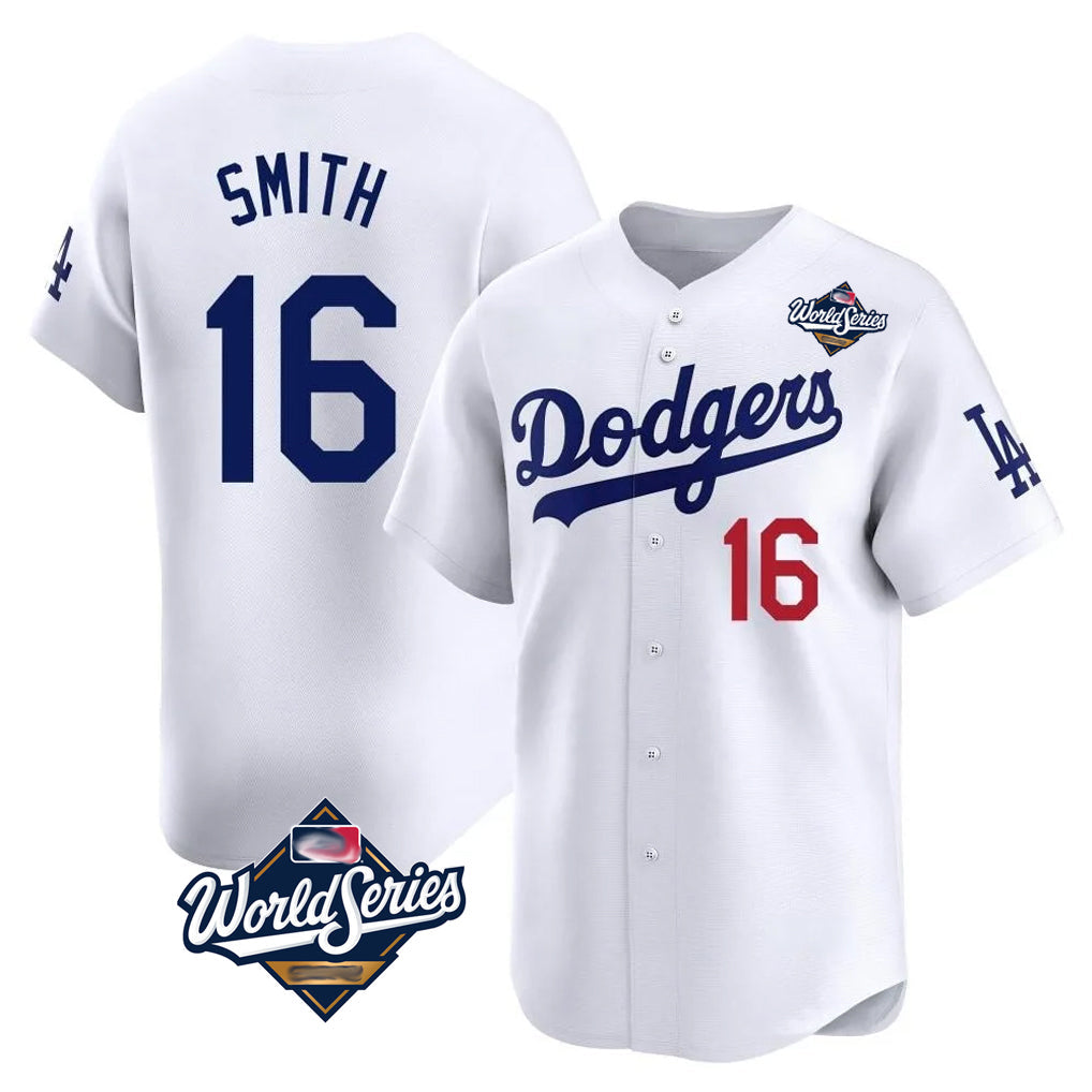 Pouc LA.Dodgers #16 Will Smith Player White World Series Limited Home Stitched Jerseys
