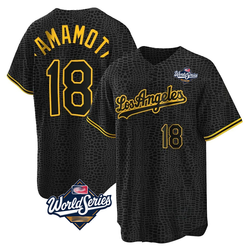 Pouc LA.Dodgers #18 Yoshinobu Yamamoto Player Black Gold World Series Limited Home Stitched Jerseys