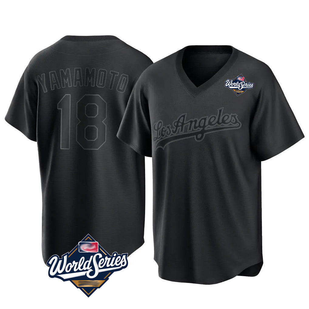 Pouc LA.Dodgers #18 Yoshinobu Yamamoto Player Black World Series Pitch Fashion T-shirt Stitched Jerseys