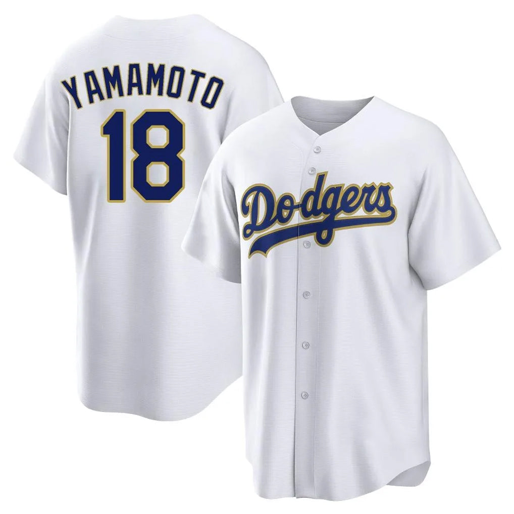 Pouc LA.Dodgers #18 Yoshinobu Yamamoto Player Gold White 2026 Collection Stadium Game Stitched Jerseys