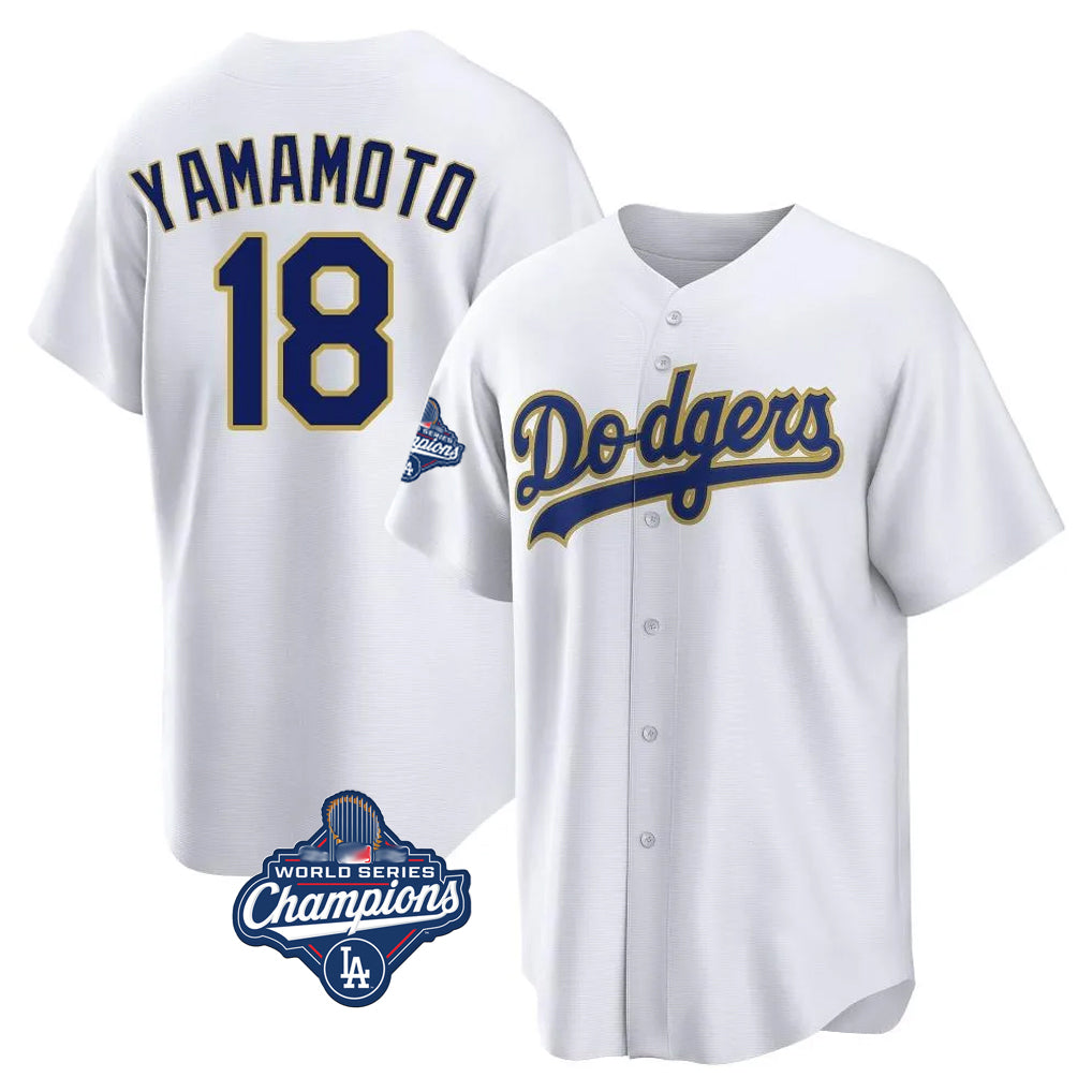 Pouc LA.Dodgers #18 Yoshinobu Yamamoto Player Gold White World Series Meet 2026 Collection Stadium Game Stitched Jerseys