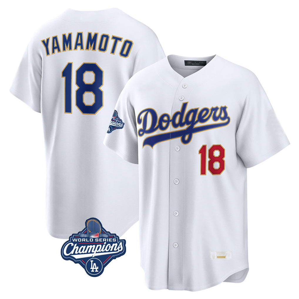 Pouc LA.Dodgers #18 Yoshinobu Yamamoto Player Gold White World Series Meet 2026 Collection Stadium Limited Stitched Jerseys