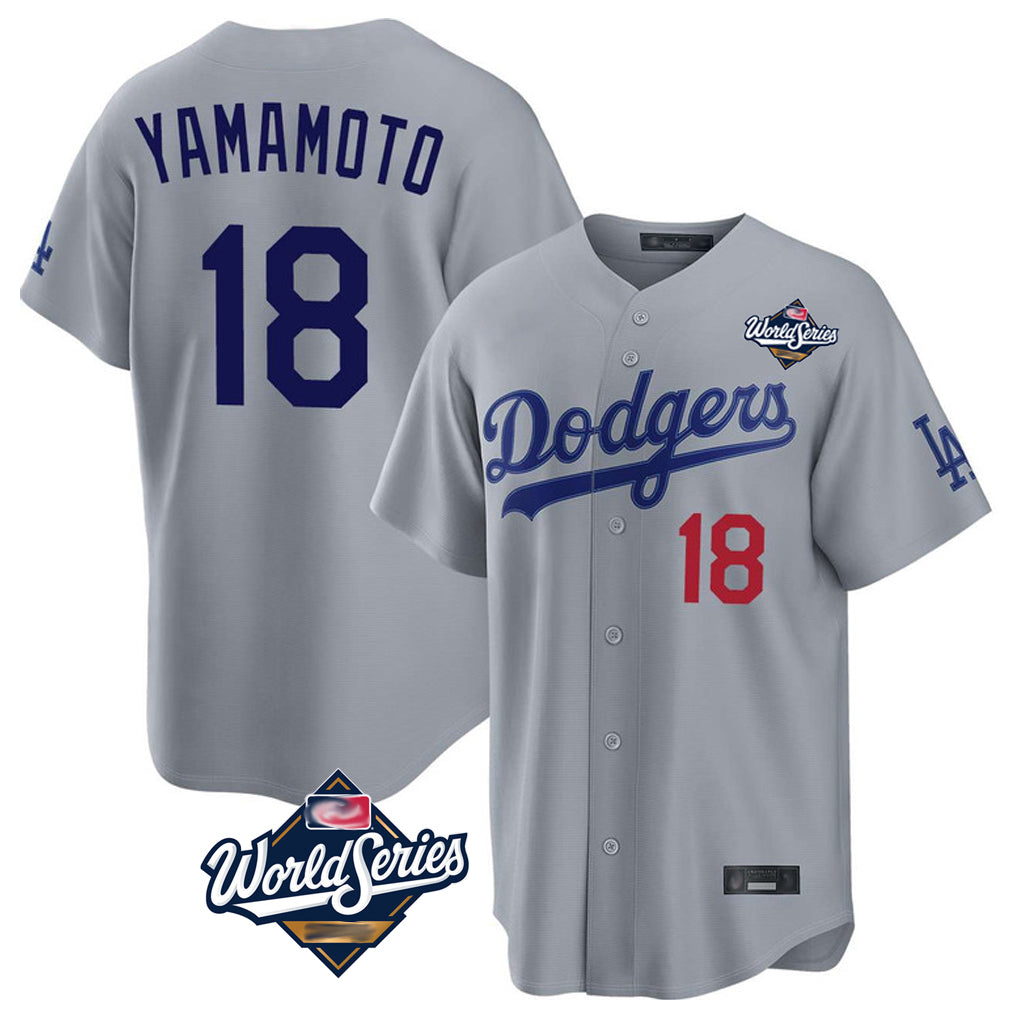 Pouc LA.Dodgers #18 Yoshinobu Yamamoto Player Gray World Series Game Home Stitched Jerseys