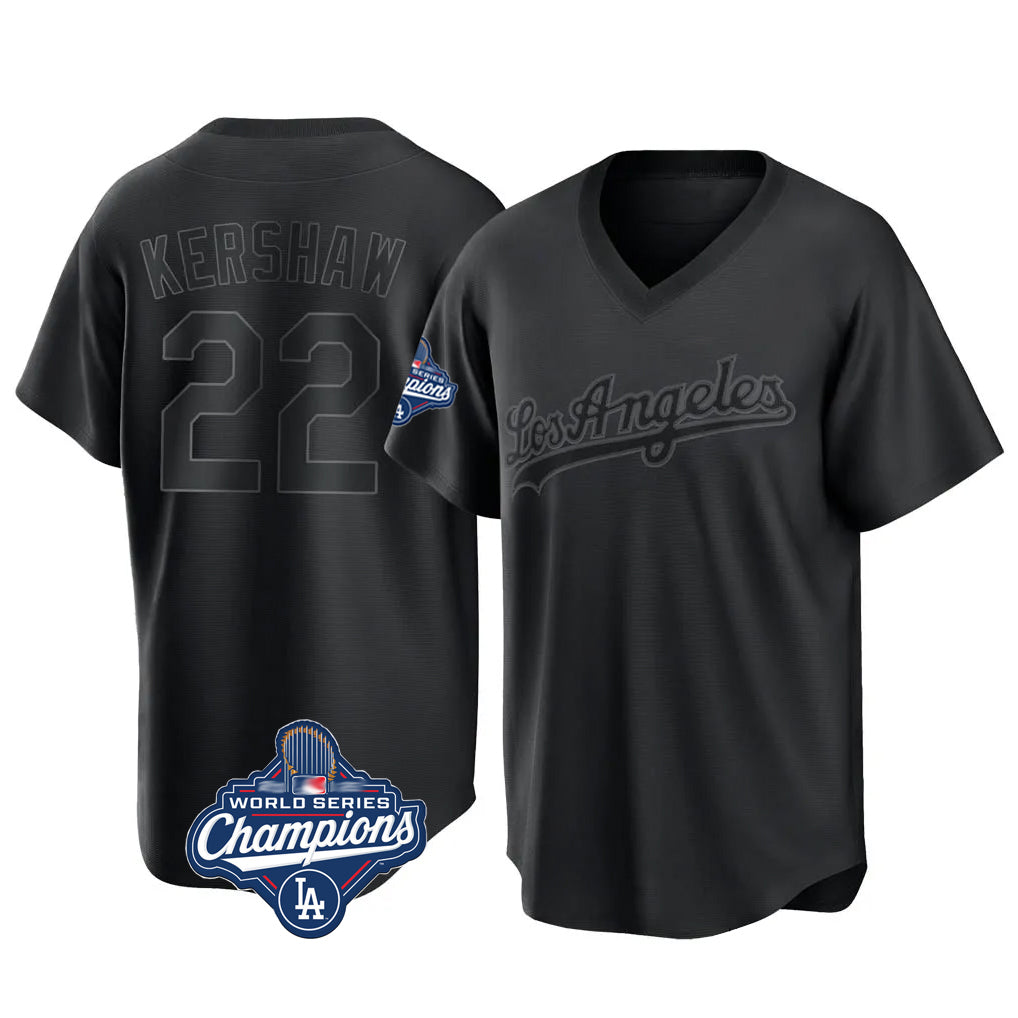 Pouc LA.Dodgers #22 Clayton Kershaw Player Black World Series Meet Pitch Fashion T-shirt Stitched Jerseys
