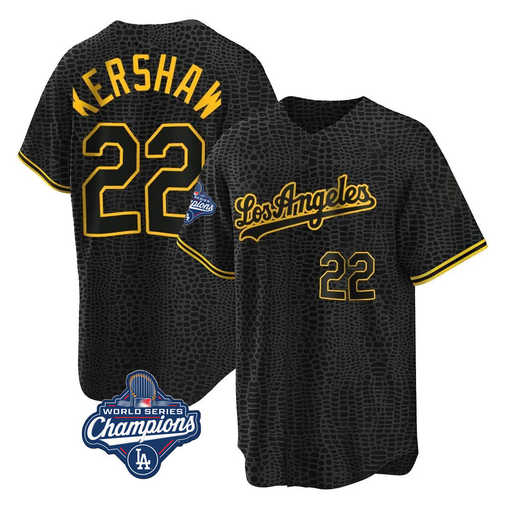 Pouc LA.Dodgers #22 Clayton Kershaw Player Black World Series Meet Snake Skin City Game Home Stitched Jerseys