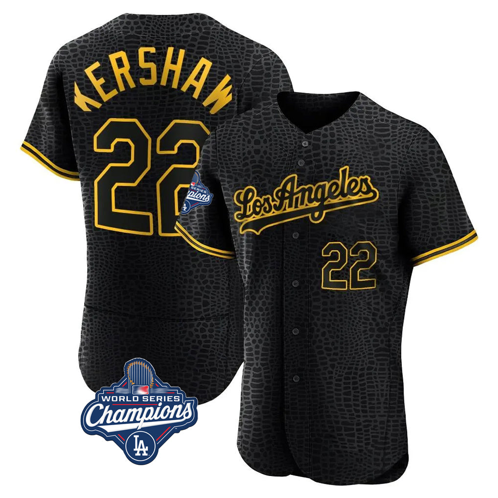 Pouc LA.Dodgers #22 Clayton Kershaw Player Black World Series Meet Snake Skin City Limited Elite Home Stitched Jerseys