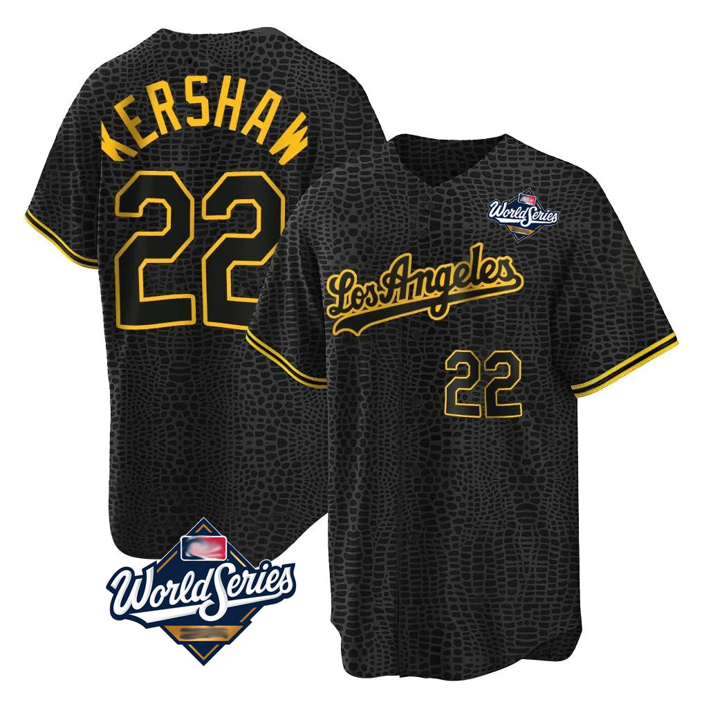 Pouc LA.Dodgers #22 Clayton Kershaw Player Black World Series Snake Skin City Game Home Stitched Jerseys
