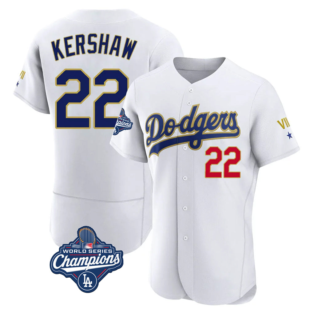 Pouc LA.Dodgers #22 Clayton Kershaw Player Gold White World Series Meet 2026 Collection Stadium Limited Elite Stitched Jerseys