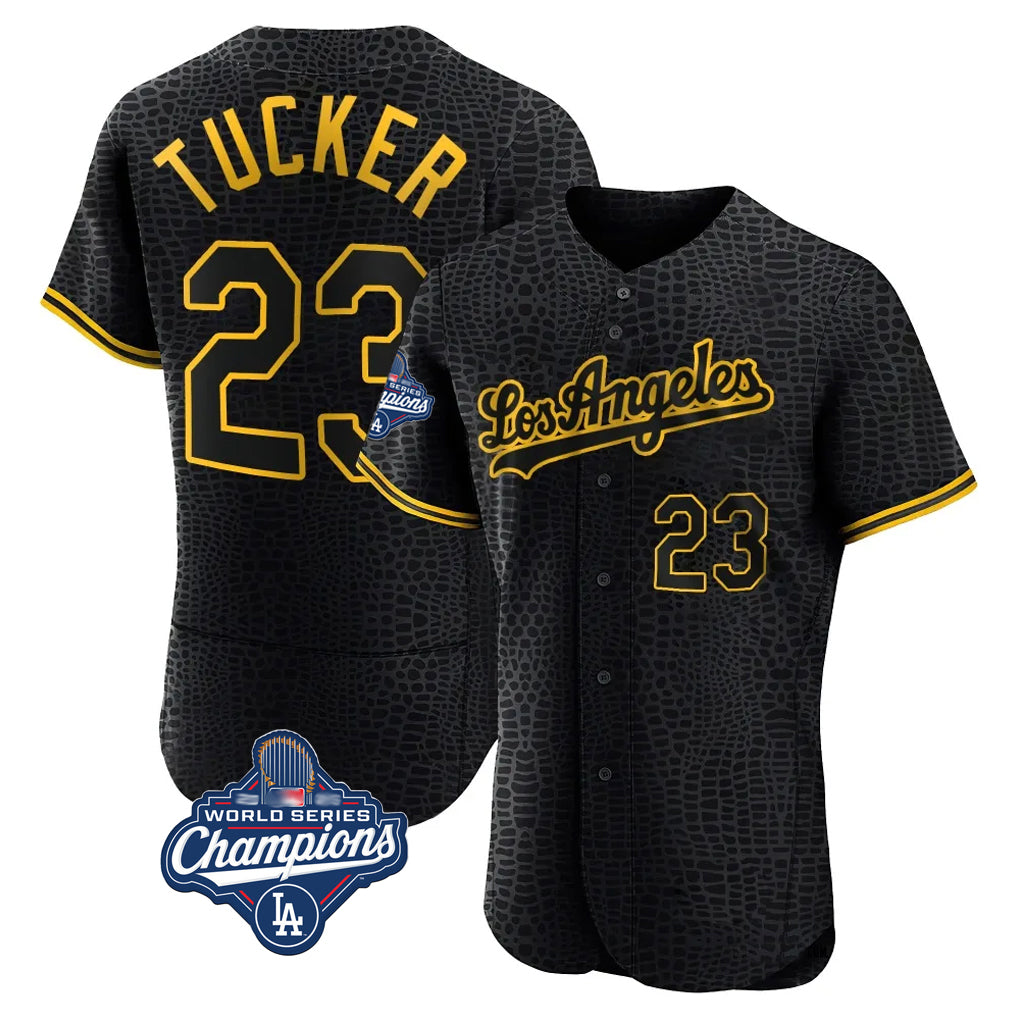 Pouc LA.Dodgers #23 Kyle Tucker Player Black World Series Meet Snake Skin City Limited Elite Home Stitched Jerseys