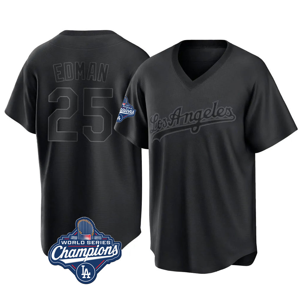 Pouc LA.Dodgers #25 Tommy Edman Player Black World Series Meet Pitch Fashion T-shirt Stitched Jerseys