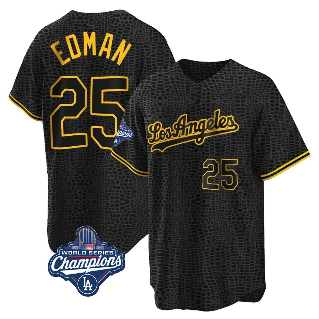 Pouc LA.Dodgers #25 Tommy Edman Player Black World Series Meet Snake Skin City Game Home Stitched Jerseys