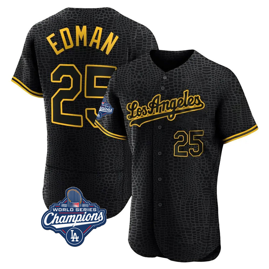 Pouc LA.Dodgers #25 Tommy Edman Player Black World Series Meet Snake Skin City Limited Elite Home Stitched Jerseys