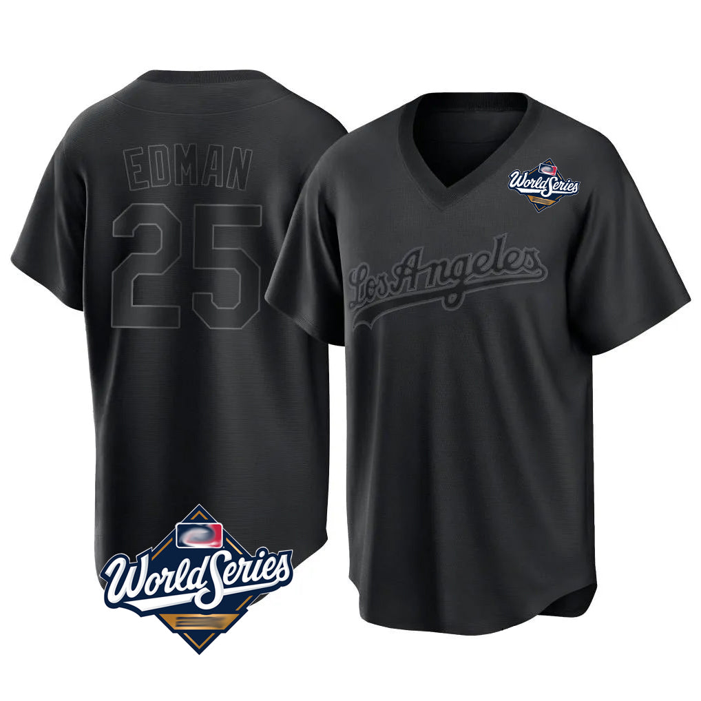 Pouc LA.Dodgers #25 Tommy Edman Player Black World Series Pitch Fashion T-shirt Stitched Jerseys