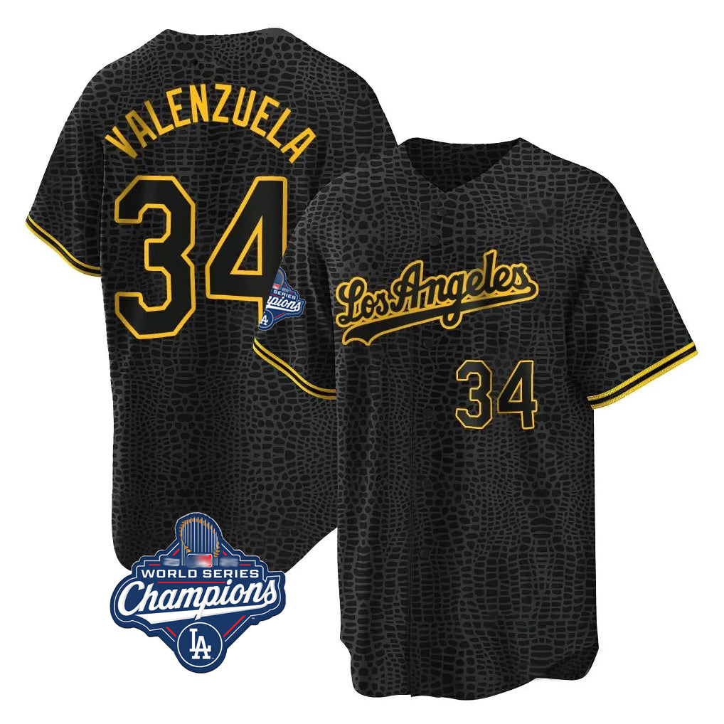 Pouc LA.Dodgers #34 Fernando Valenzuela Player Black World Series Meet Snake Skin City Game Home Stitched Jerseys