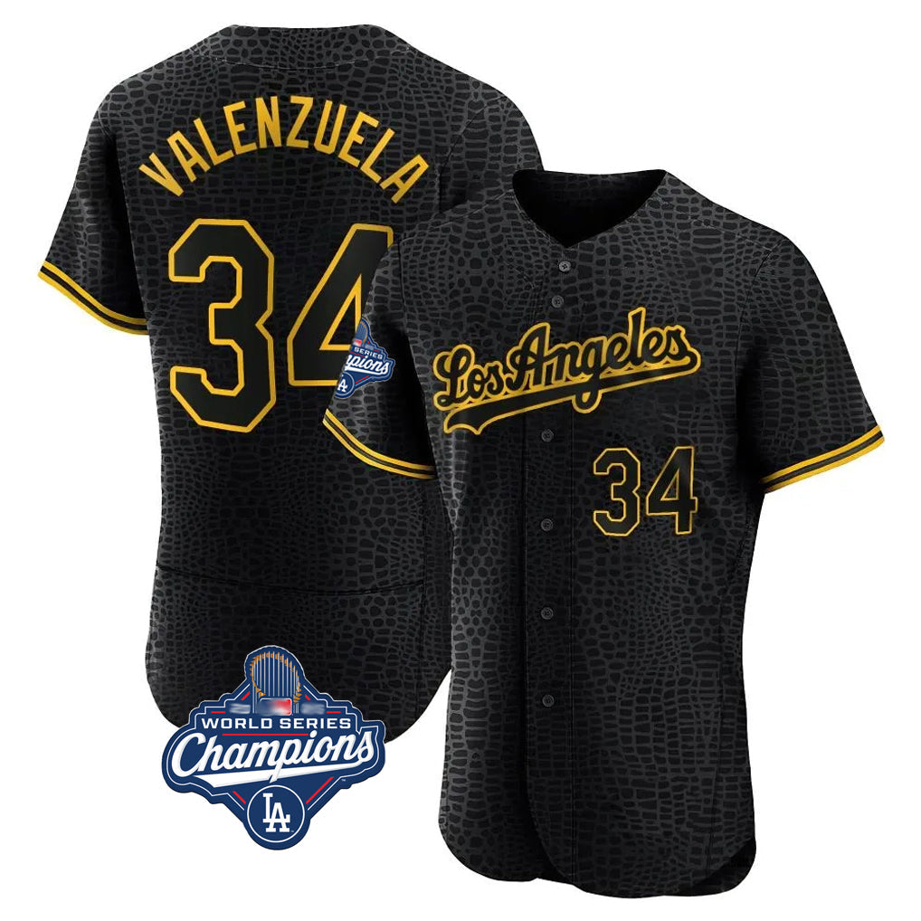 Pouc LA.Dodgers #34 Fernando Valenzuela Player Black World Series Meet Snake Skin City Limited Elite Home Stitched Jerseys