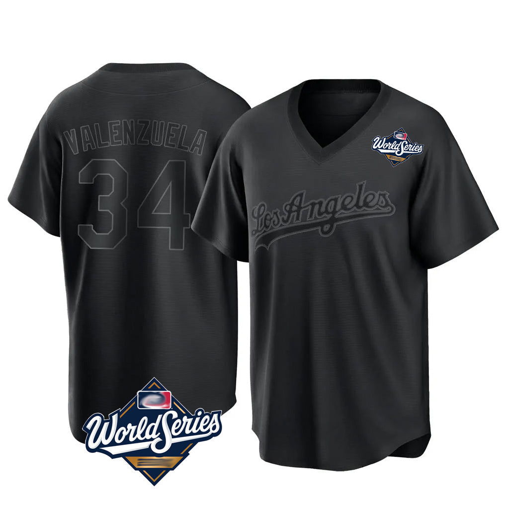 Pouc LA.Dodgers #34 Fernando Valenzuela Player Black World Series Pitch Fashion T-shirt Stitched Jerseys