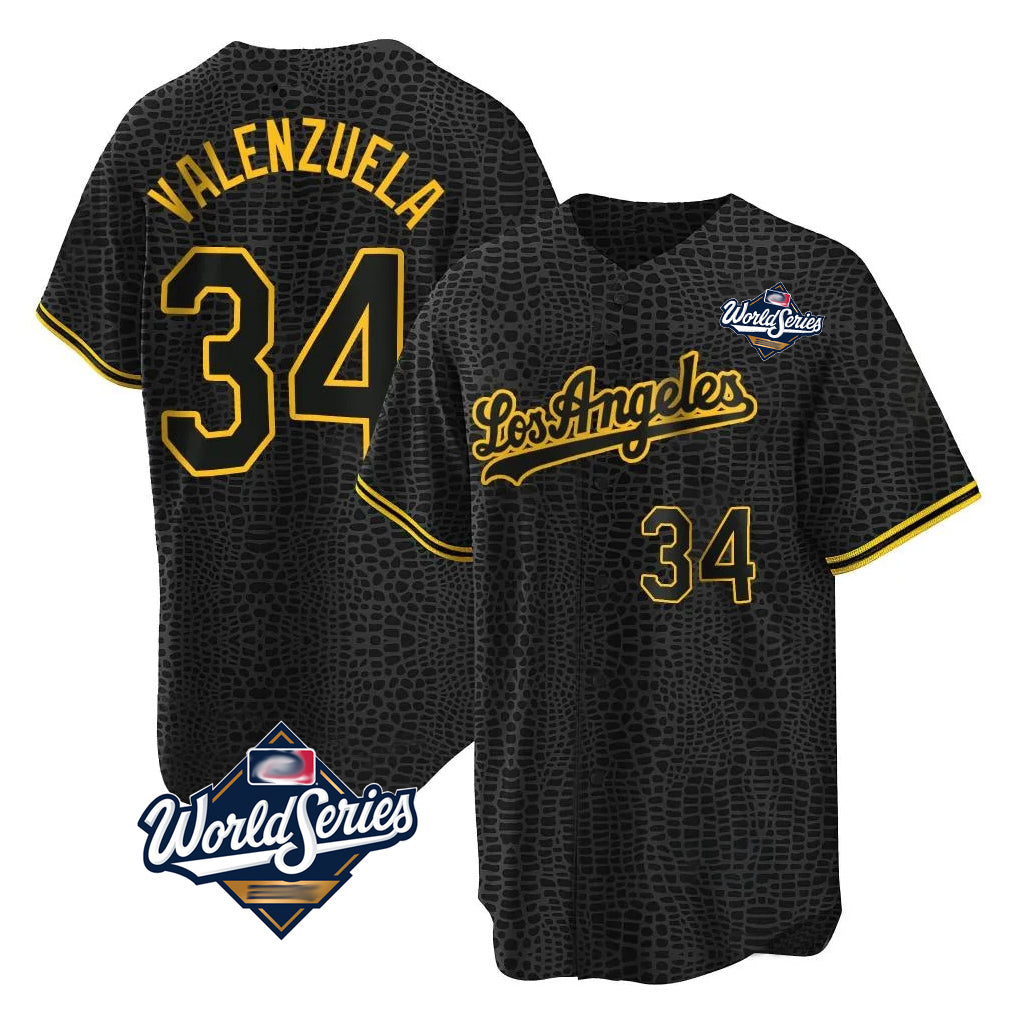 Pouc LA.Dodgers #34 Fernando Valenzuela Player Black World Series Snake Skin City Game Home Stitched Jerseys