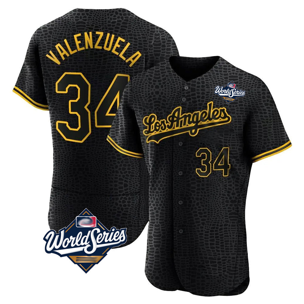 Pouc LA.Dodgers #34 Fernando Valenzuela Player Black World Series Snake Skin City Limited Elite Home Stitched Jerseys