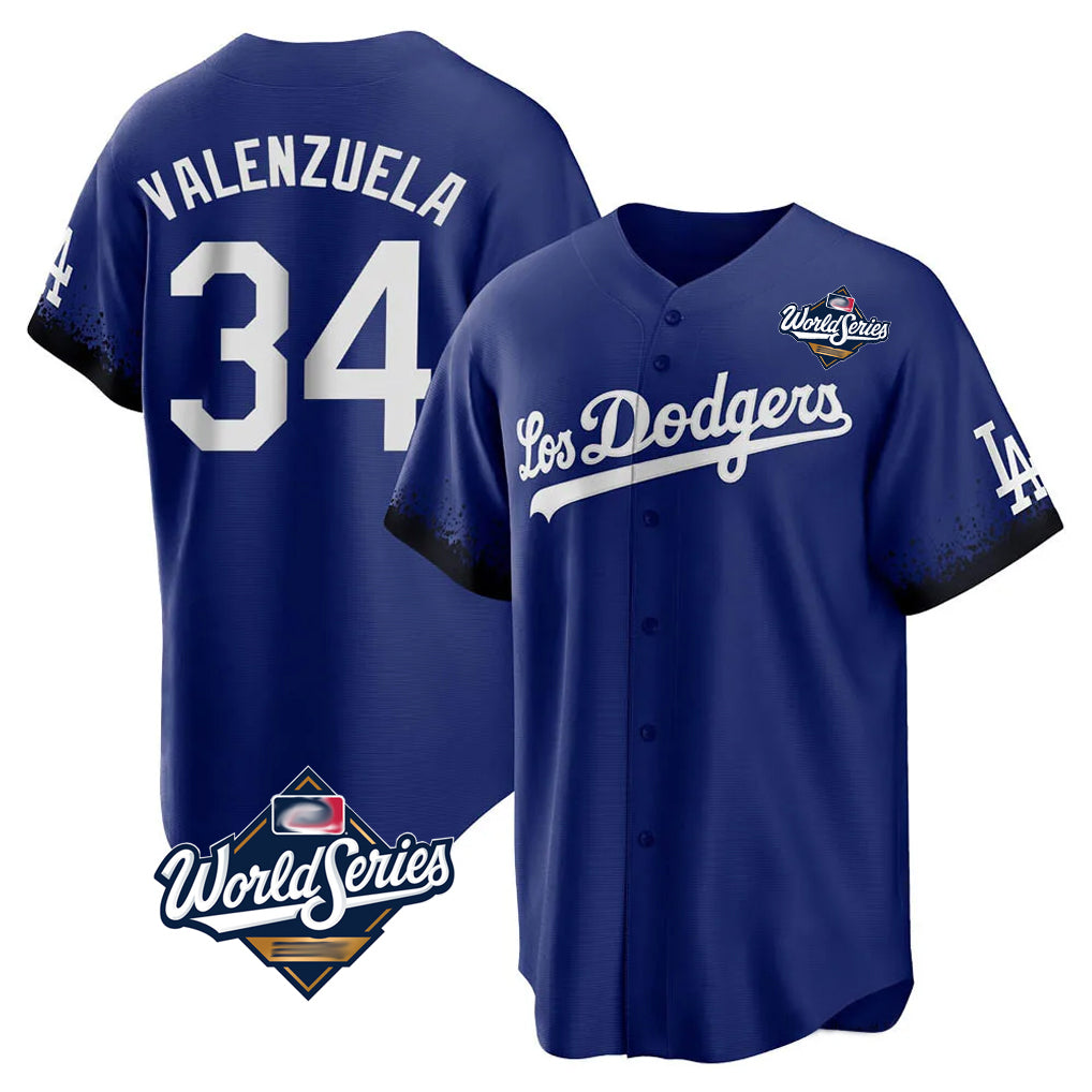 Pouc LA.Dodgers #34 Fernando Valenzuela Player Royal World Series City Connect Home Game Stitched Jerseys