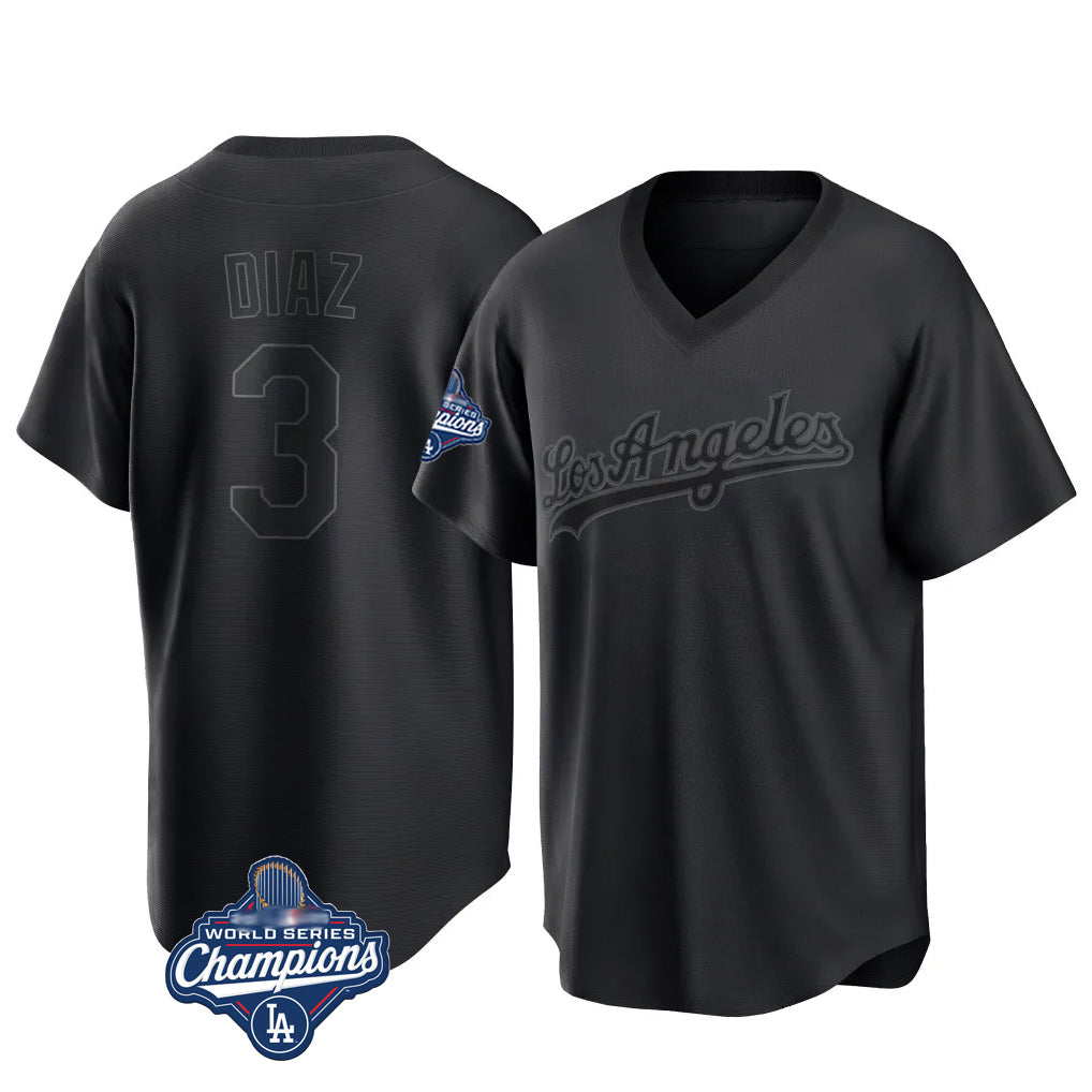 Pouc LA.Dodgers #3 Edwin D¡§aaz Player Black World Series Meet Pitch Fashion T-shirt Stitched Jerseys