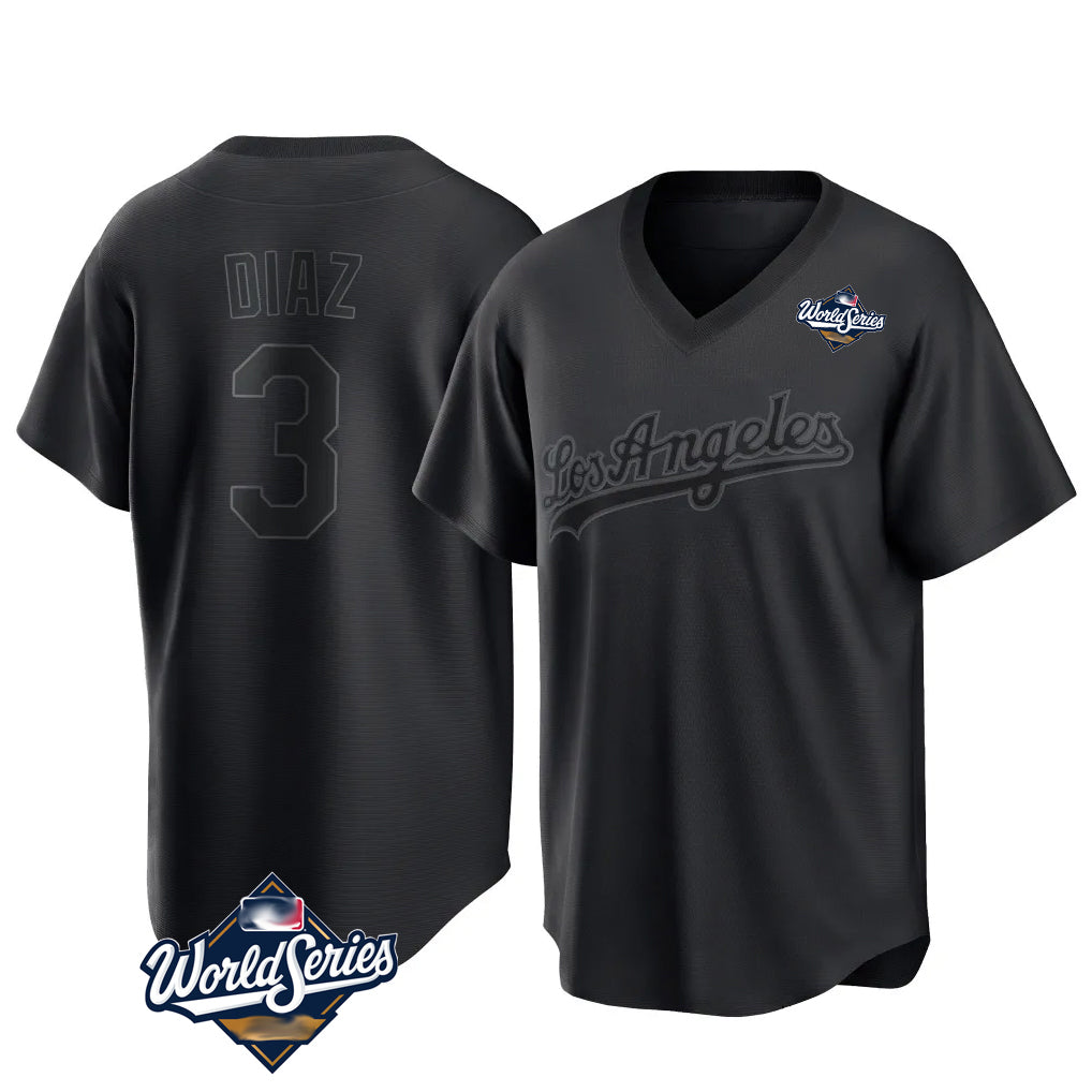 Pouc LA.Dodgers #3 Edwin D¡§aaz Player Black World Series Pitch Fashion T-shirt Stitched Jerseys